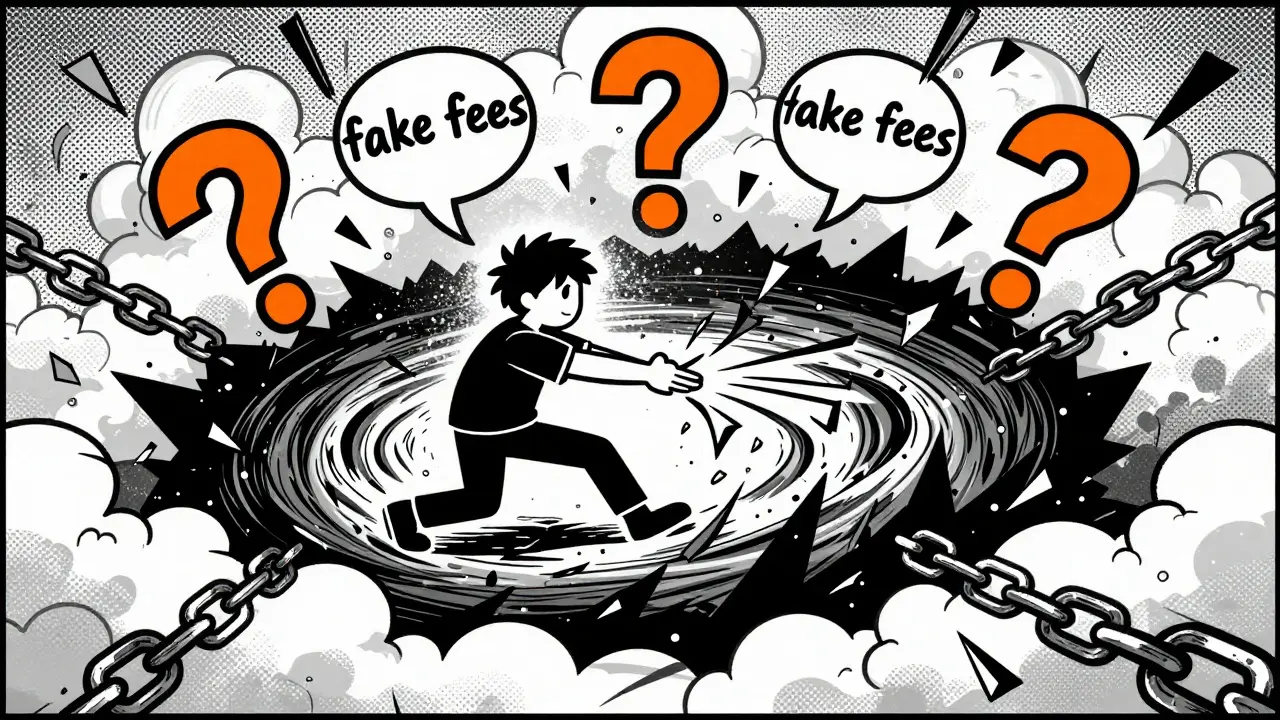 Character trapped in vortex of fake fees and warning signs