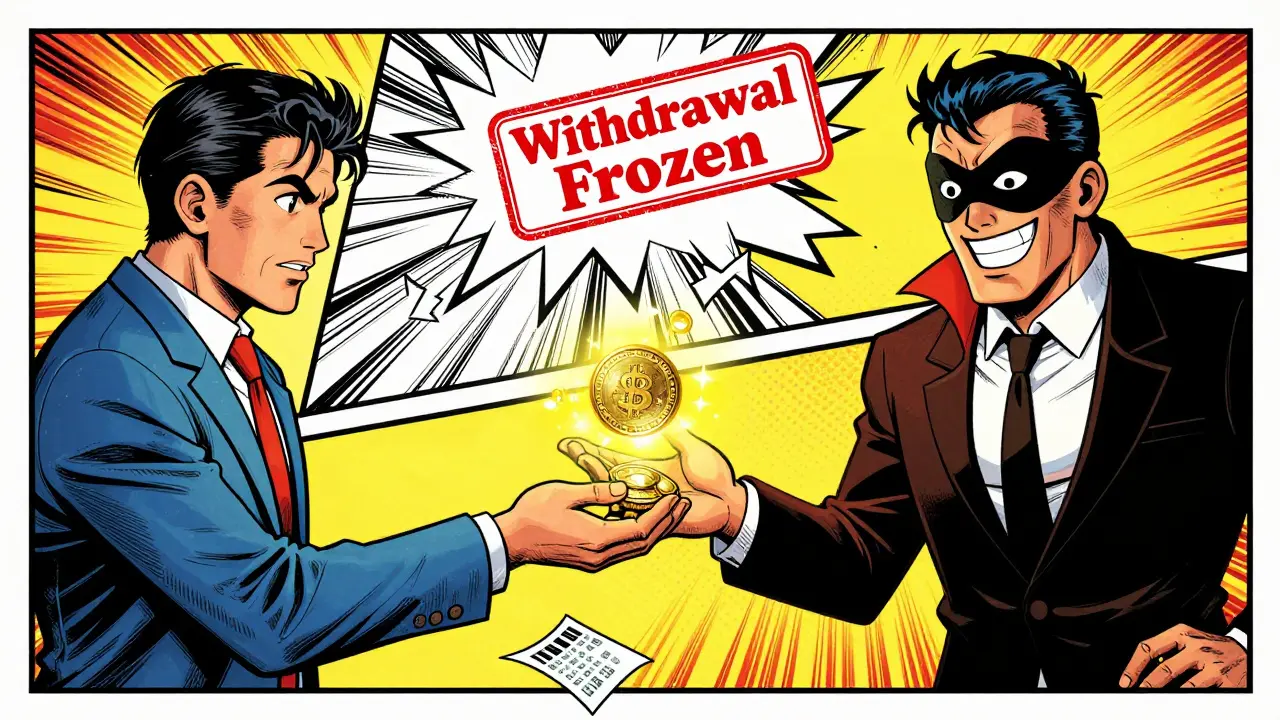 Comic book villain trapping user with frozen withdrawals and disappearing funds