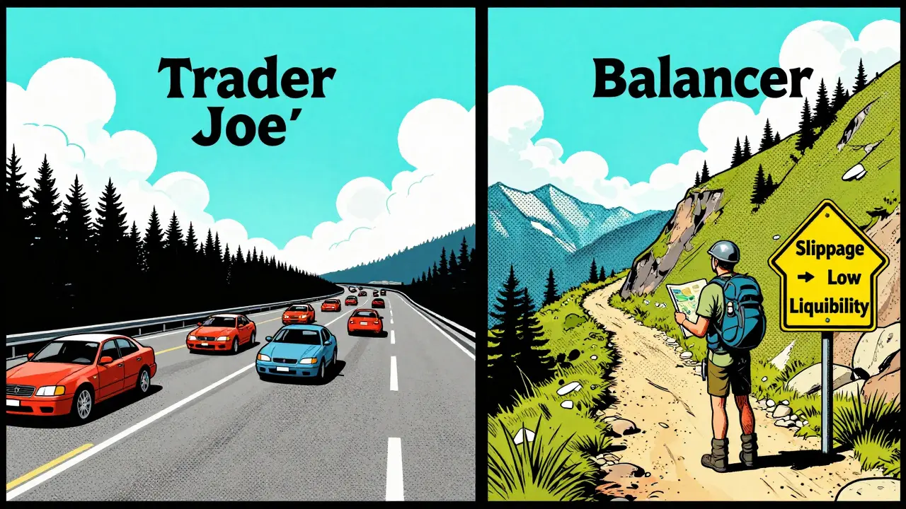 Comic comparison of busy Trader Joe highway vs cautious Balancer path.