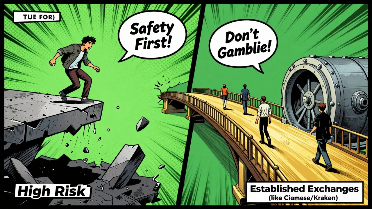 Comic comparison of risky platform versus safe exchanges