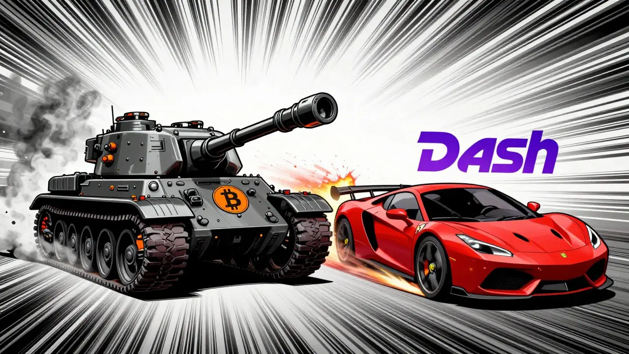 Comic illustration comparing slow armored tank to fast sports car for crypto types.