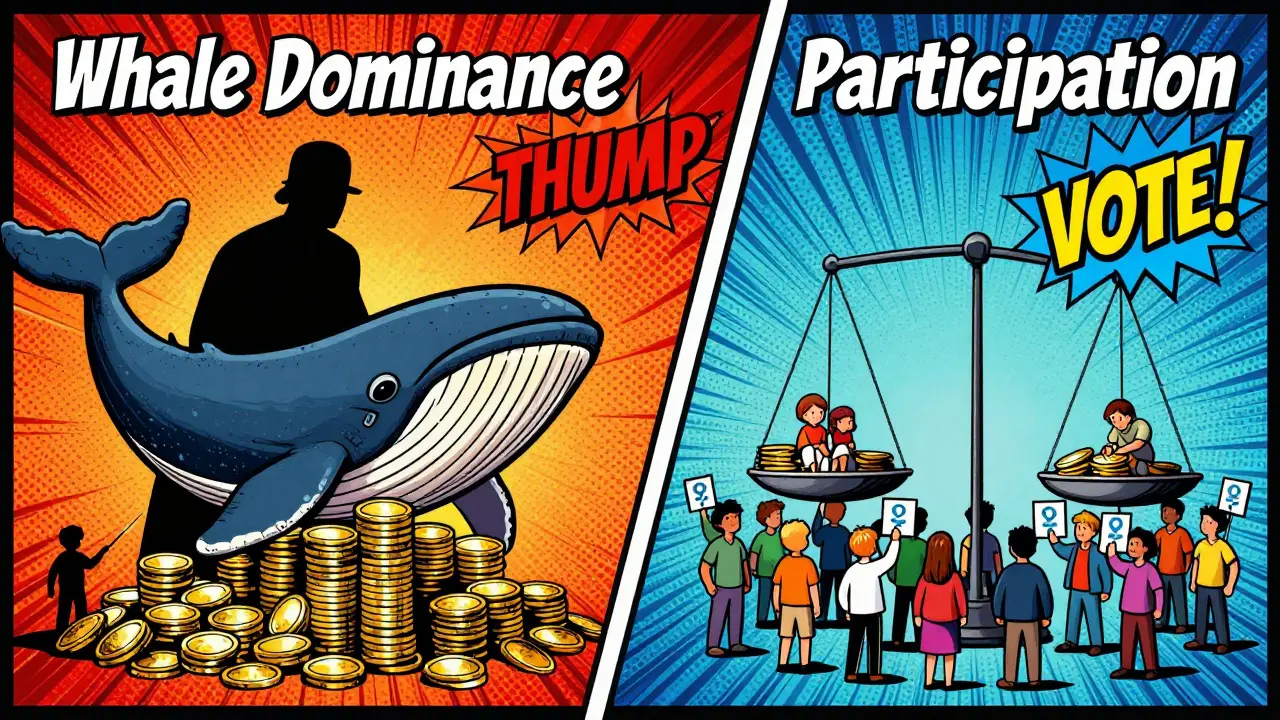 Comic illustration contrasting whale dominance with community voting power.