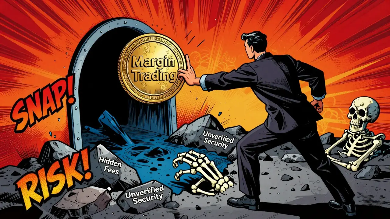 Comic illustration of risky margin trading trap with hidden fees