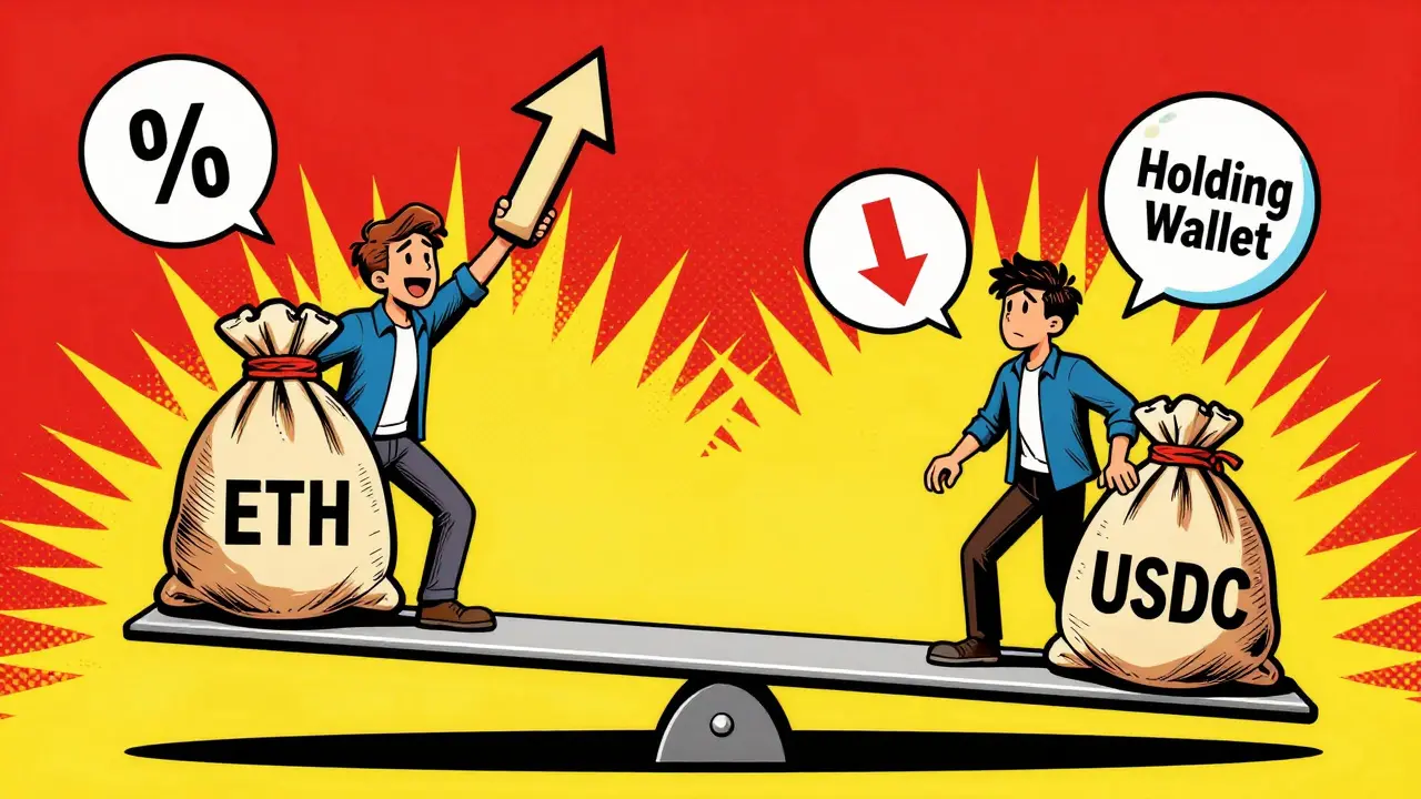 Comic illustration showing impermanent loss on a seesaw with assets