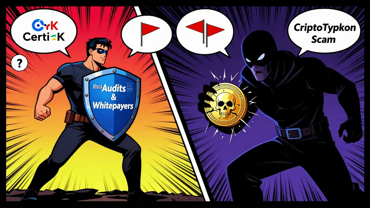 Comic showdown between a legitimate crypto hero and a shadowy scam villain