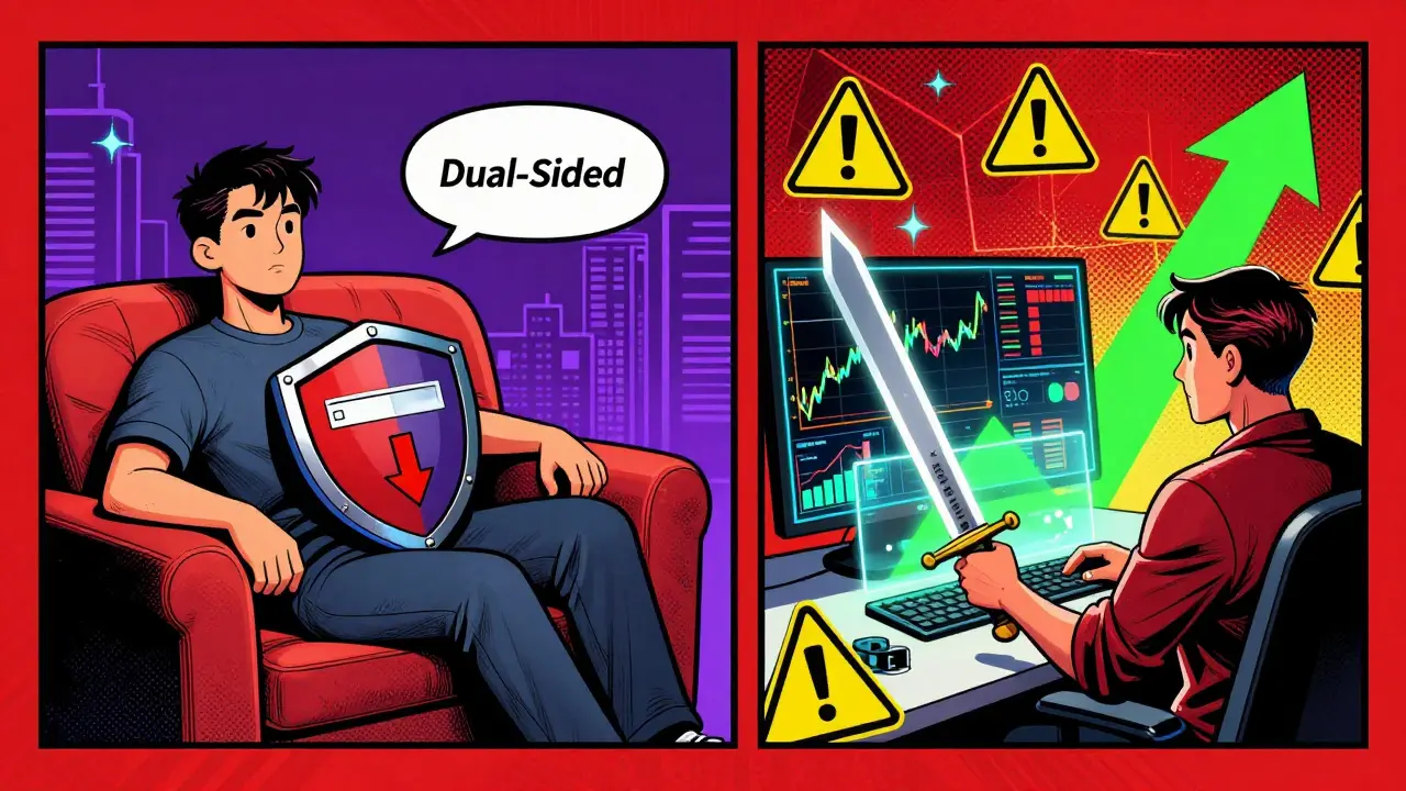Comic split-screen comparing passive dual-sided vs active single-sided DeFi strategies.