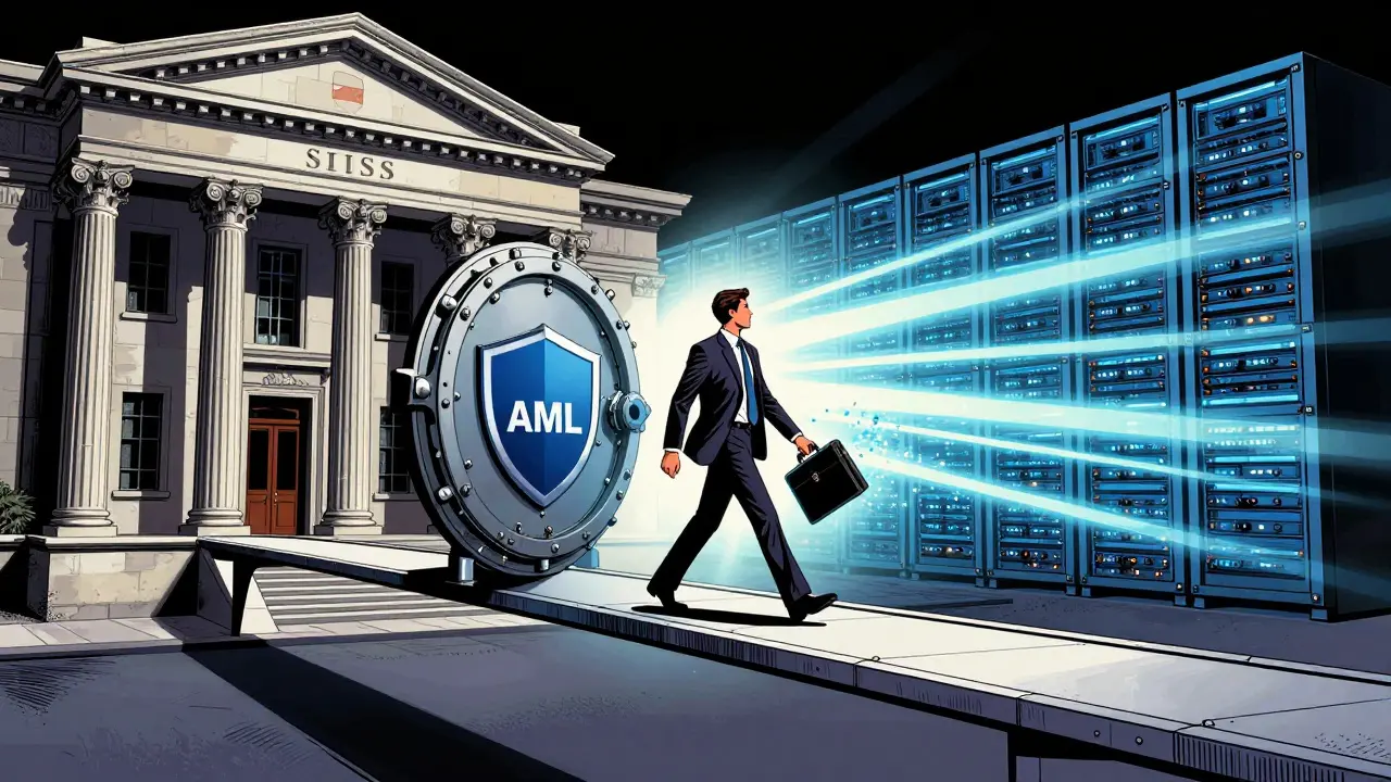 Comic style image of secure bridge linking traditional banks to crypto servers