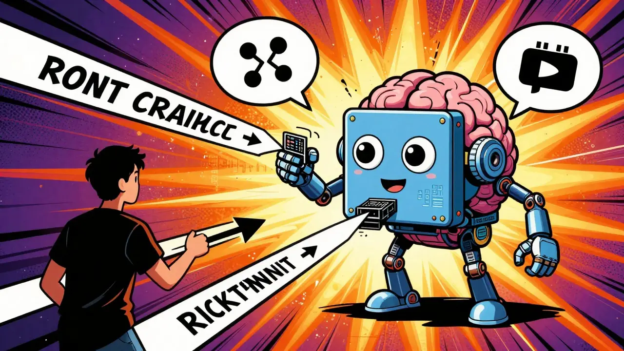 Comic style robot brain enforcing smart contract rules for ticket sales.