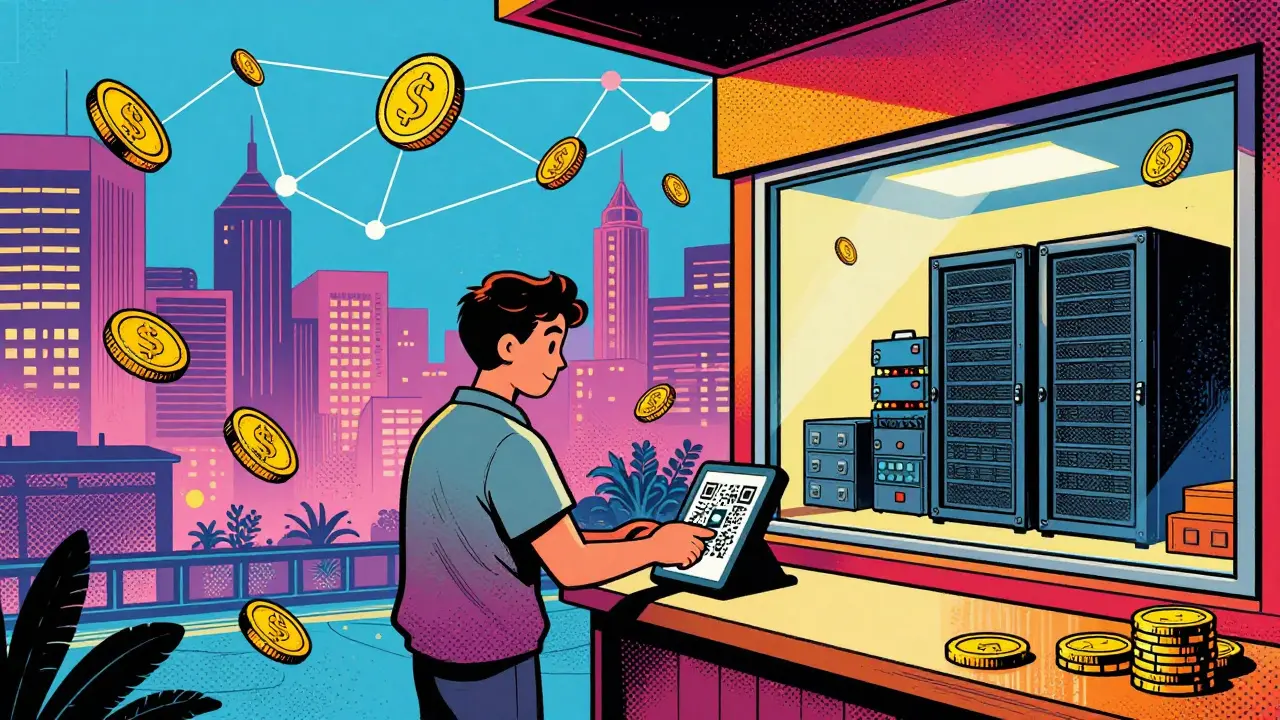 Comic style scene of daily crypto use and tech imports in Syria.