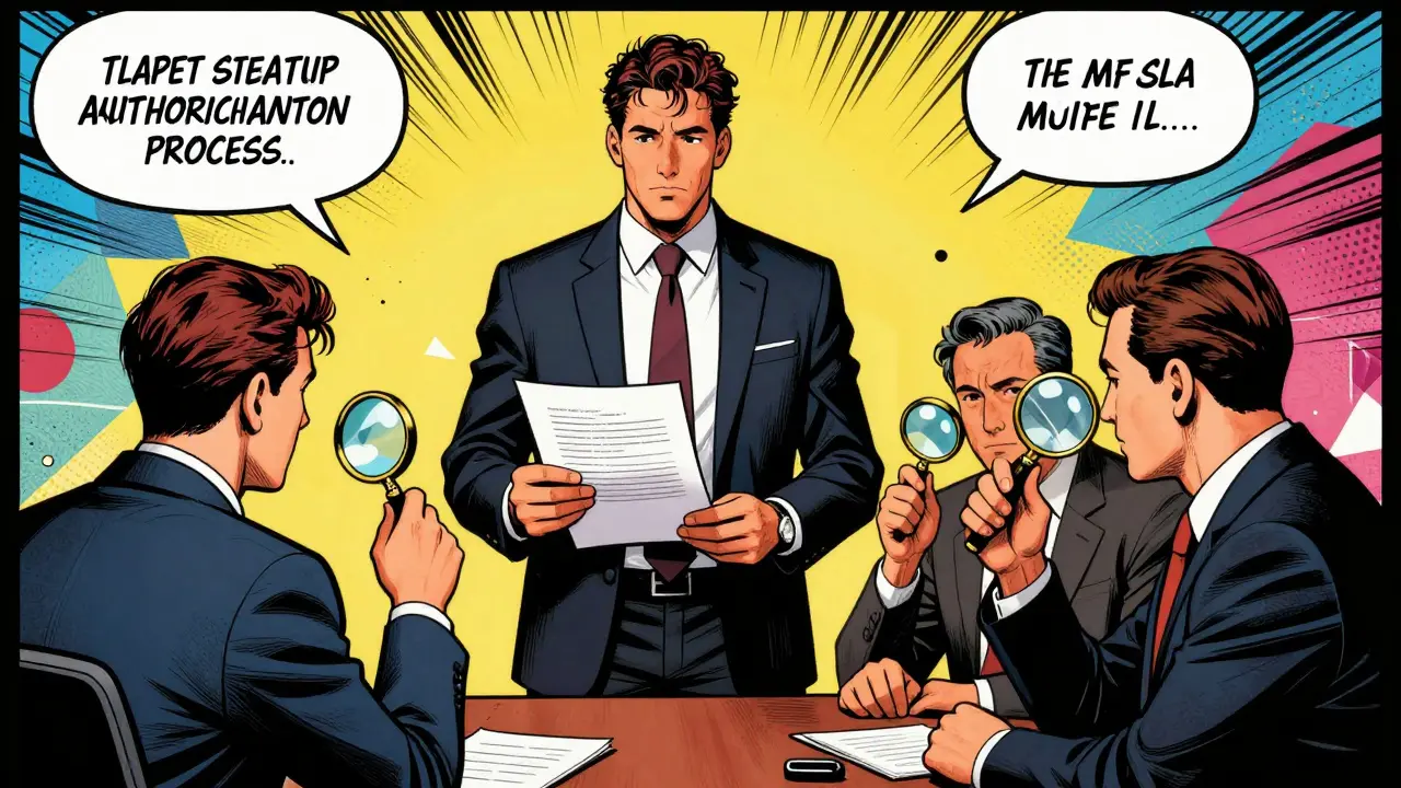 Comic style scene of MFSA regulators reviewing a crypto application