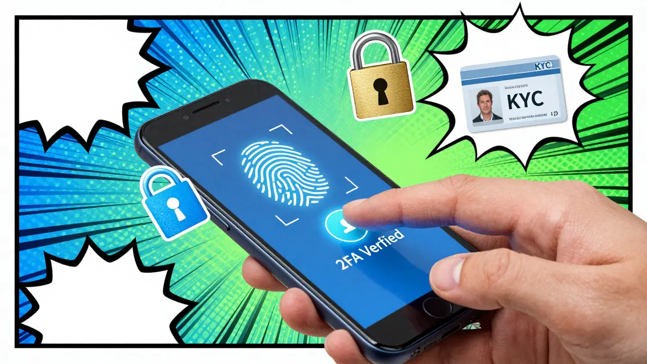 Comic style security icons showing 2FA and KYC verification process