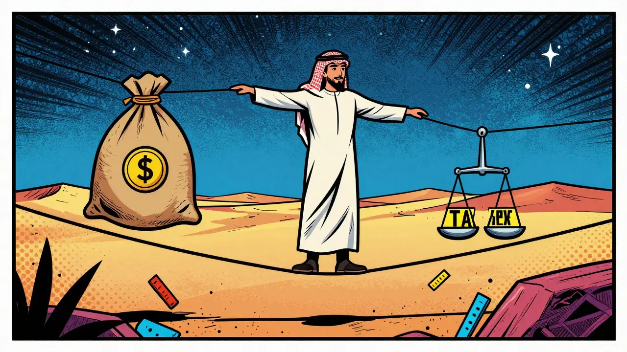 Comic style trader balancing on a tightrope over financial risks