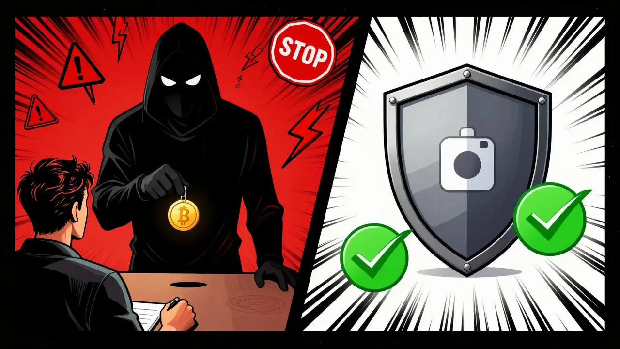 Comic style warning image contrasting a scammer offering fake tokens with a secure wallet shield.