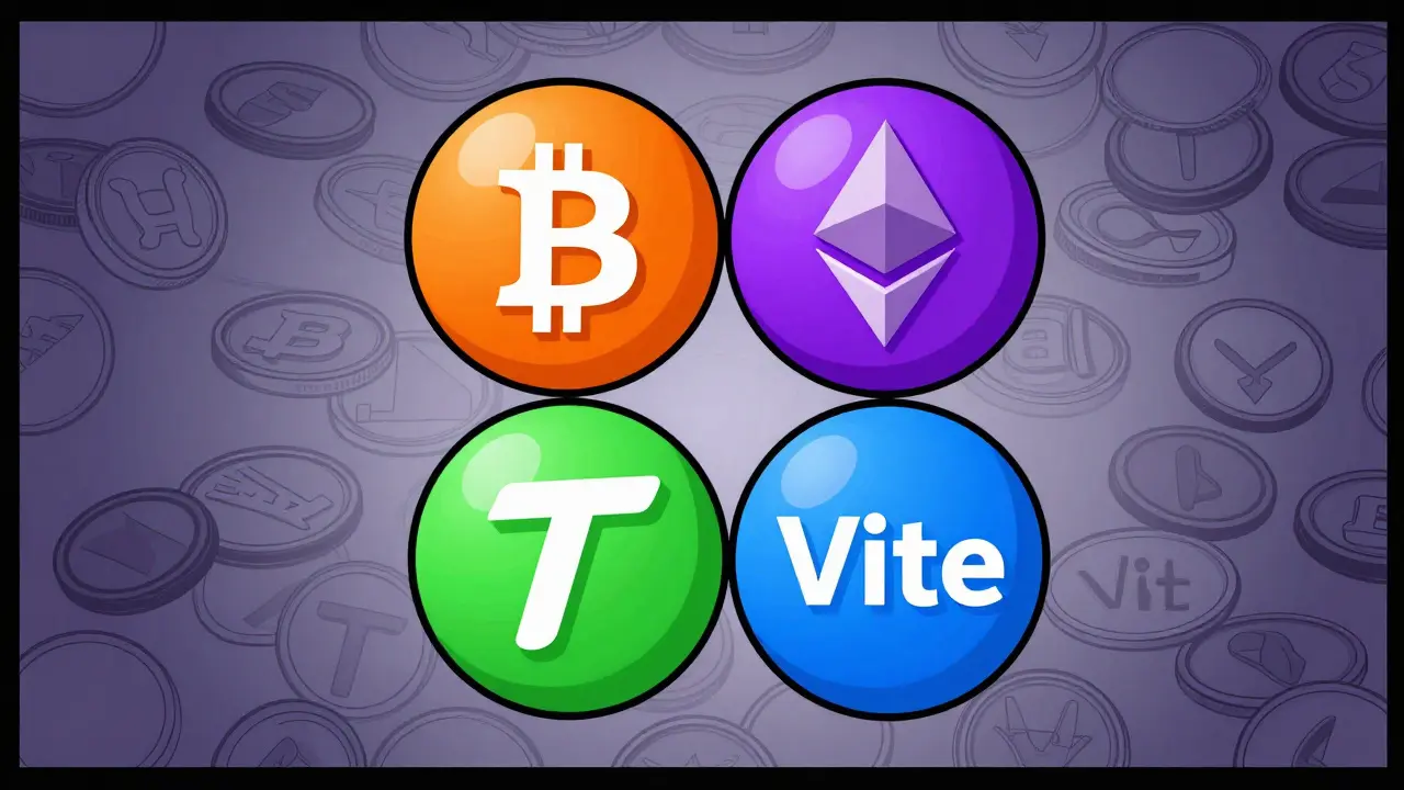 Four main crypto coins floating among faded altcoin outlines in comic style