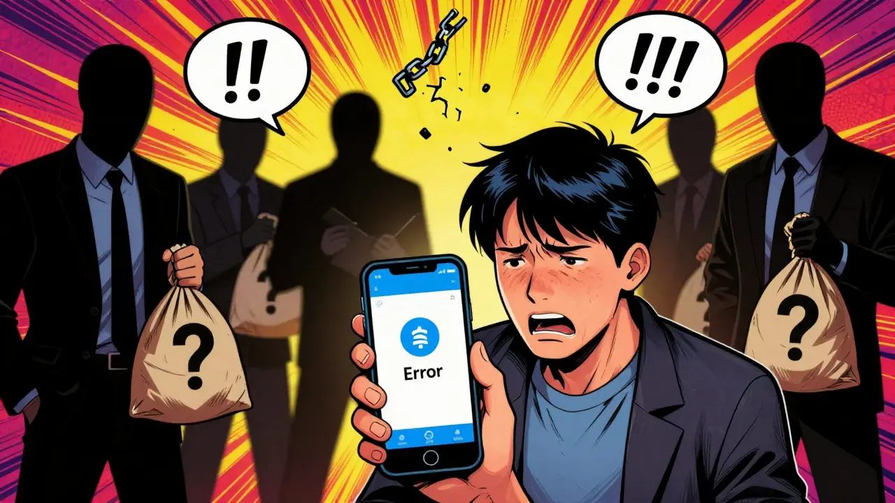 Frustrated user blocked from withdrawing funds by shadowy scammer figures