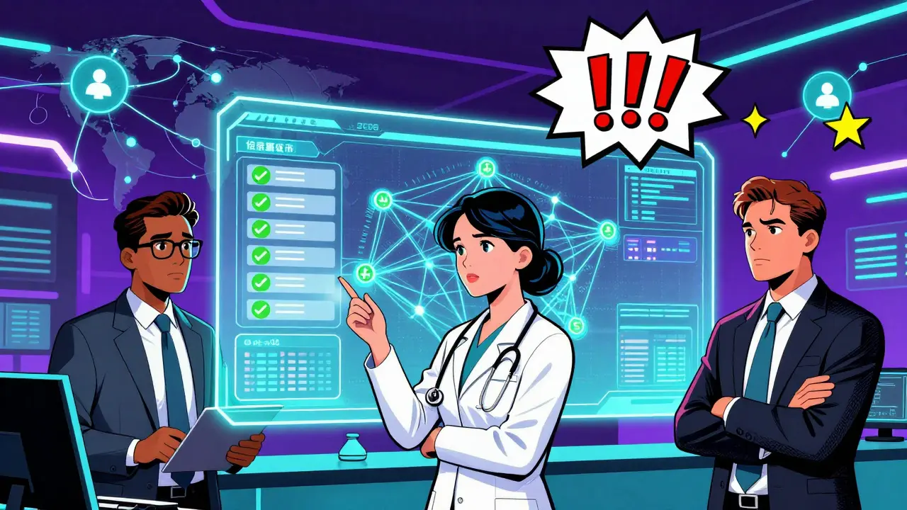 Futuristic comic scene of professionals managing blockchain compliance