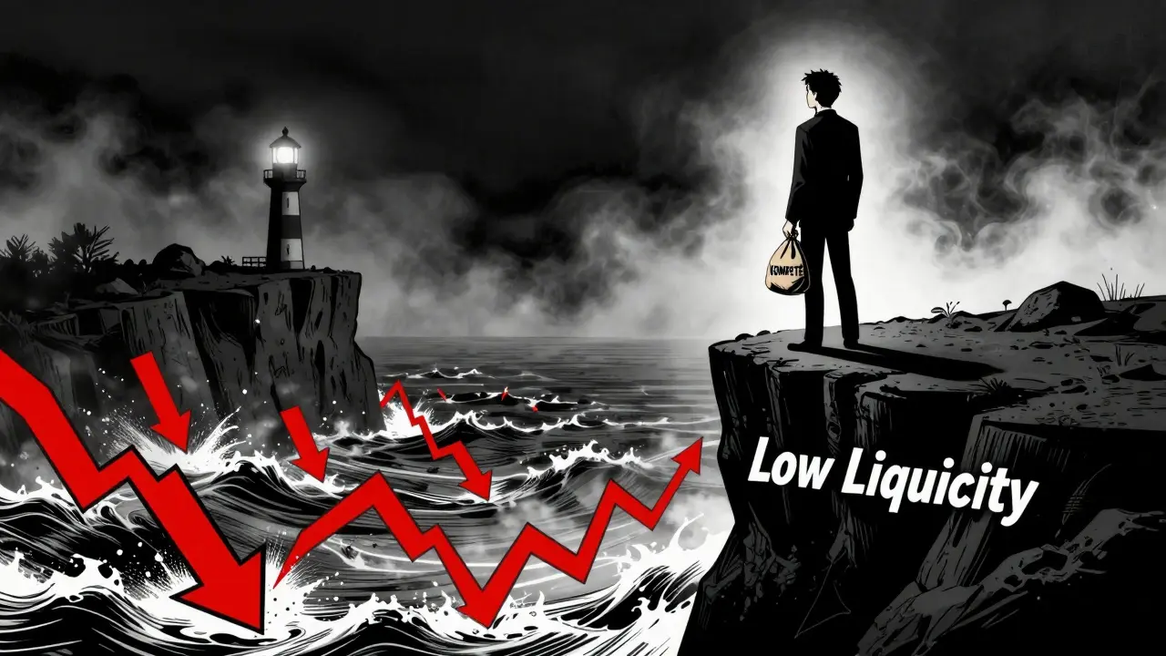 Investor facing risky market volatility on a cliff in pop art comic style.