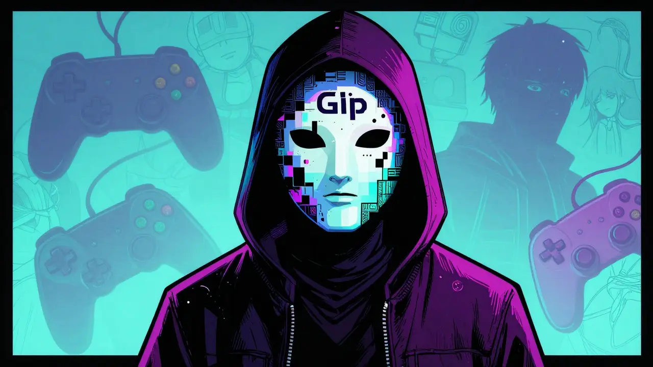 Mysterious hooded figure representing the anonymous Glip team amidst digital fragments.