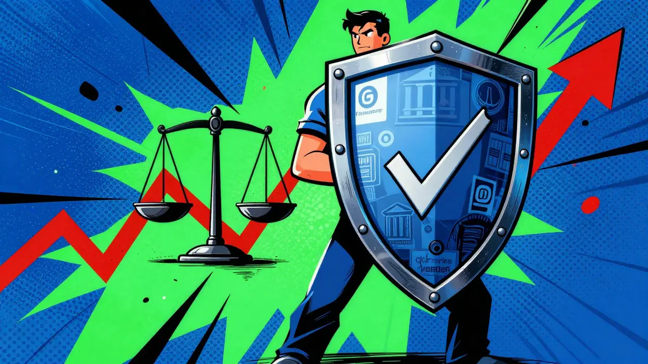 Person holding protective shield with regulatory symbols blocking scams