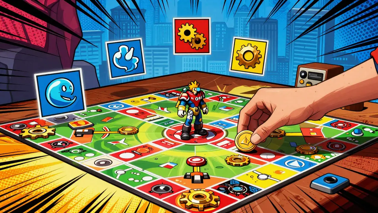 Player placing coins near N-Guard figurine in comic style