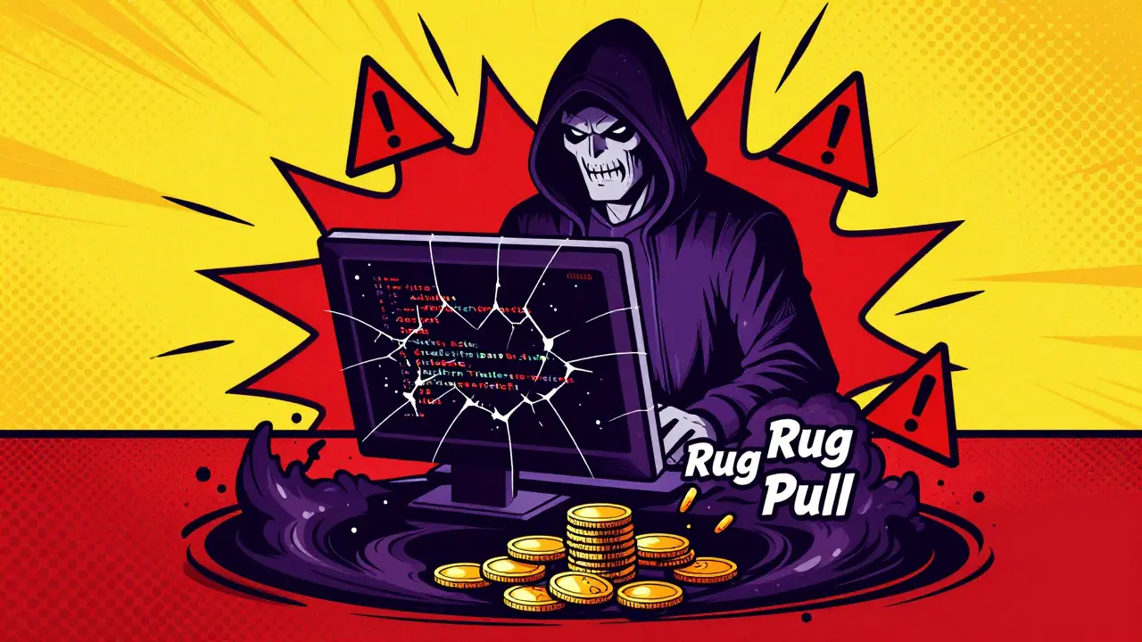 Pop art comic depicting a hacker draining funds from a smart contract