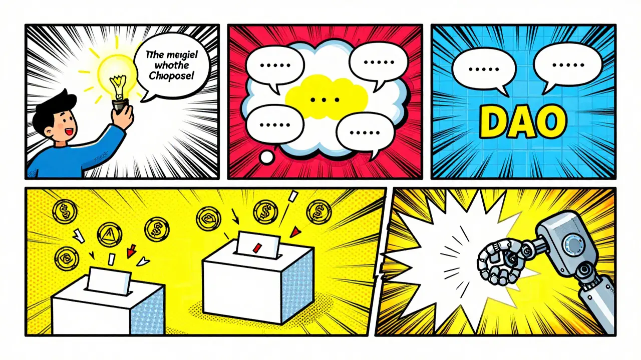Pop art comic panels showing the DAO voting process from idea to execution.