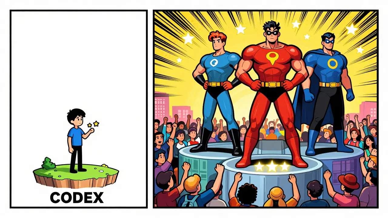 Pop art comparison of small CODEX platform vs giant trusted exchanges