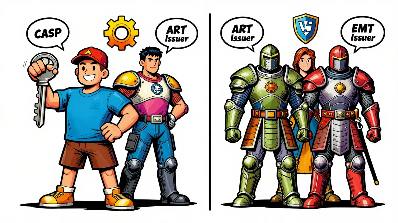 Pop art illustration comparing crypto license types and complexity