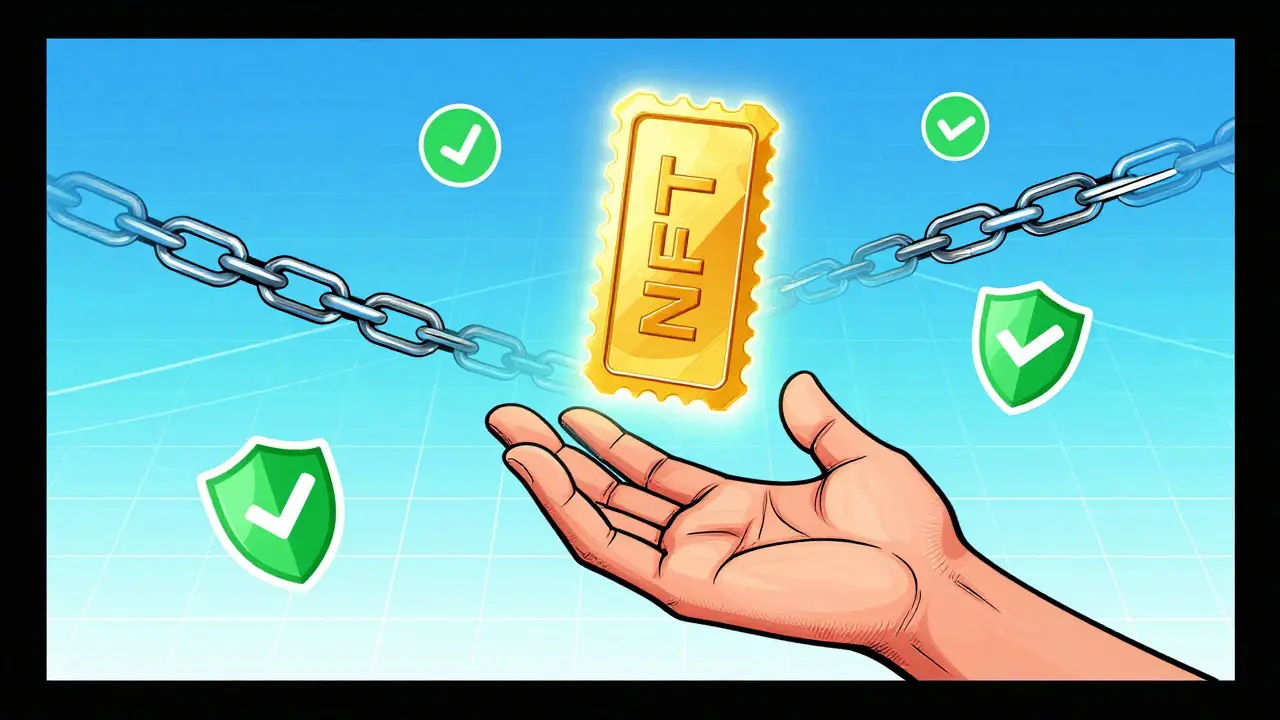 Pop art illustration of a glowing NFT ticket secured by blockchain shields.