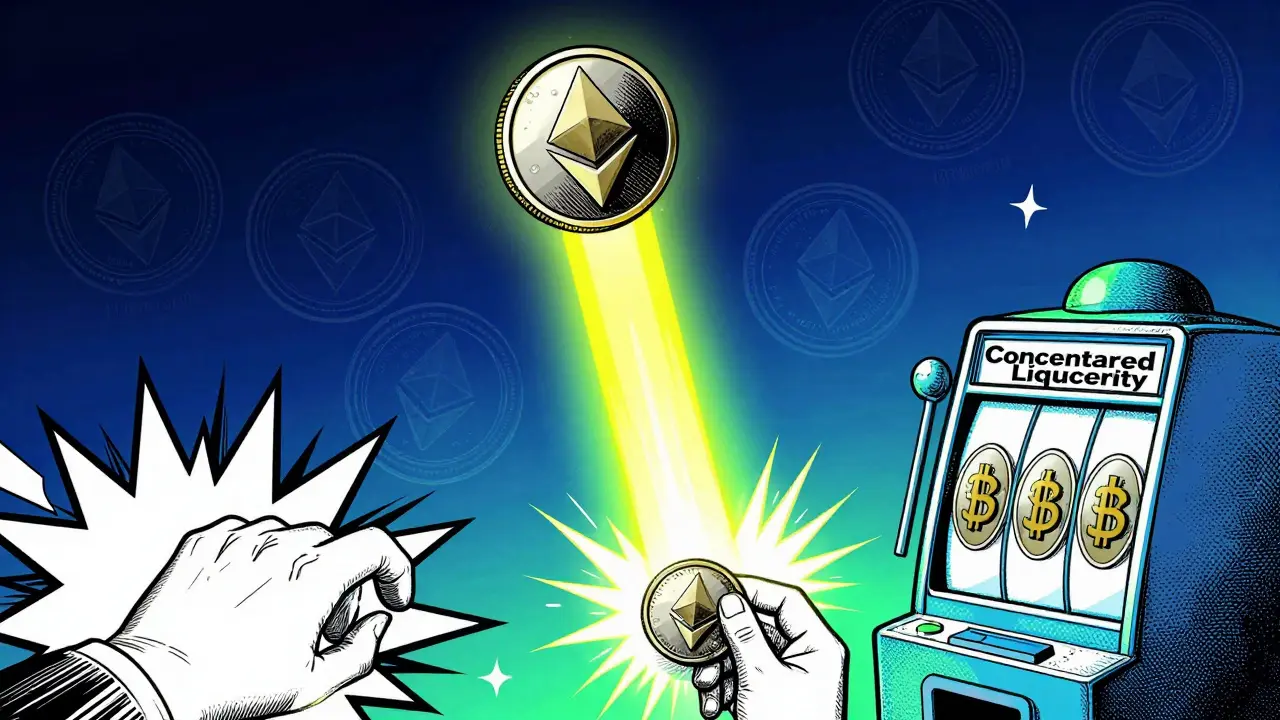 Pop art illustration of a single ETH coin in a focused beam showing single-sided liquidity.