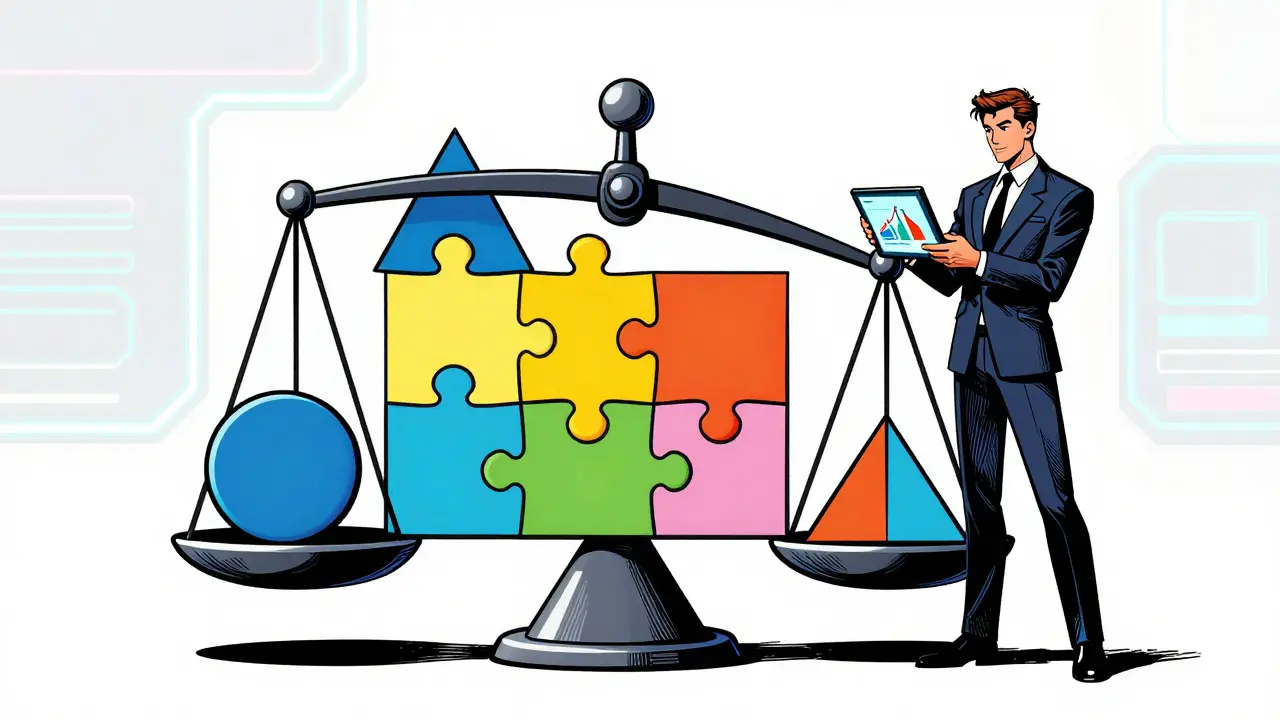 Pop art illustration of a user balancing complex weighted asset pools.