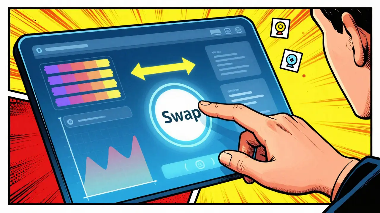 Pop art illustration of a user tapping a swap button on a holographic DeFi interface.