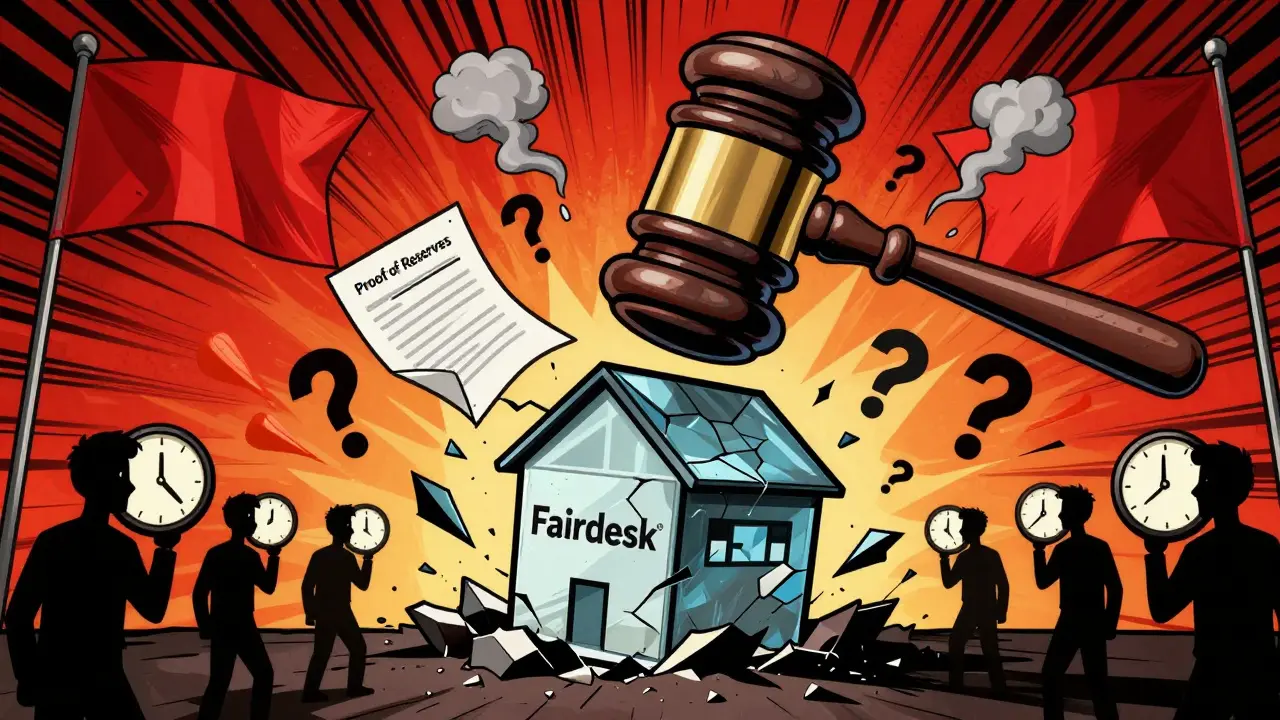 Pop art illustration of regulatory gavel striking a fragile crypto exchange