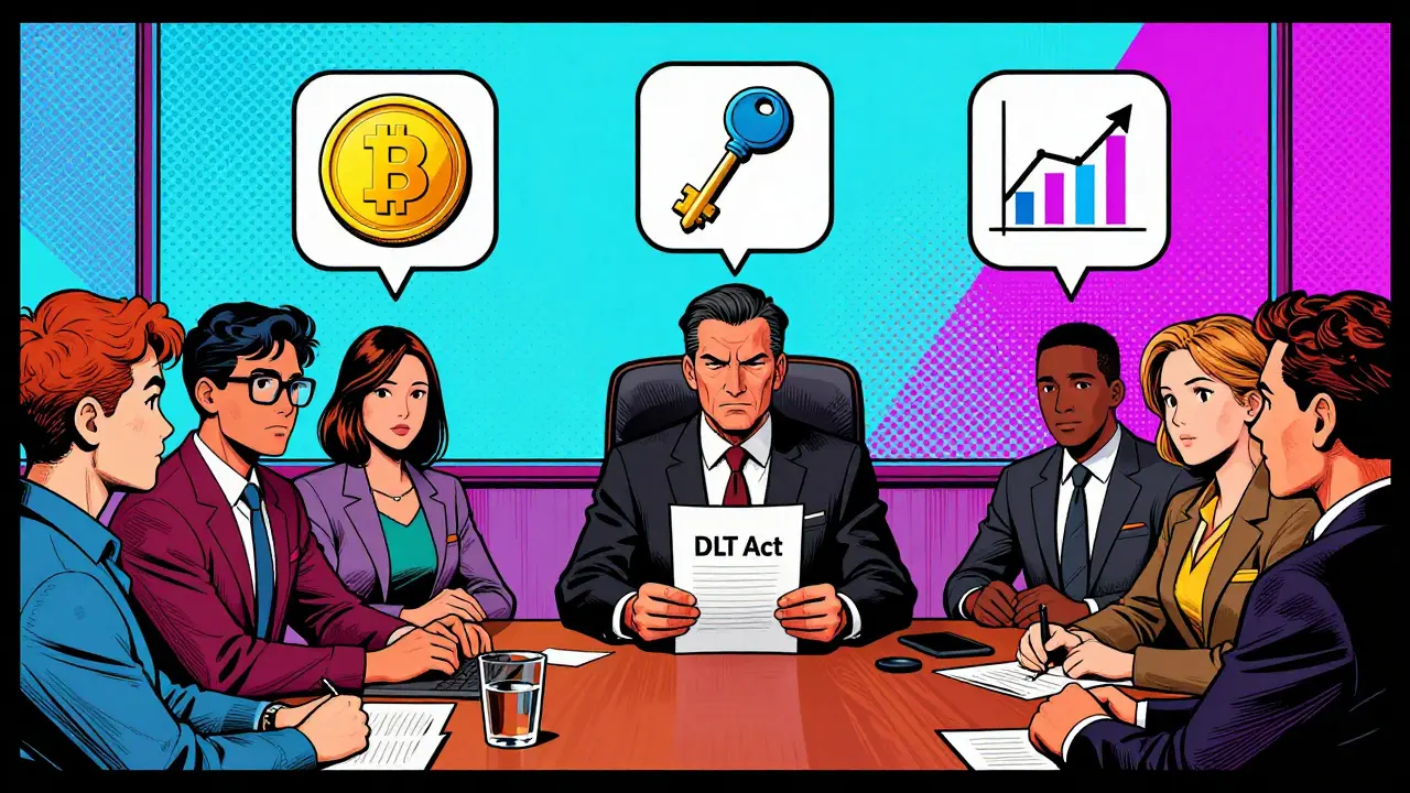 Pop art scene of regulator explaining token types to tech founders in office