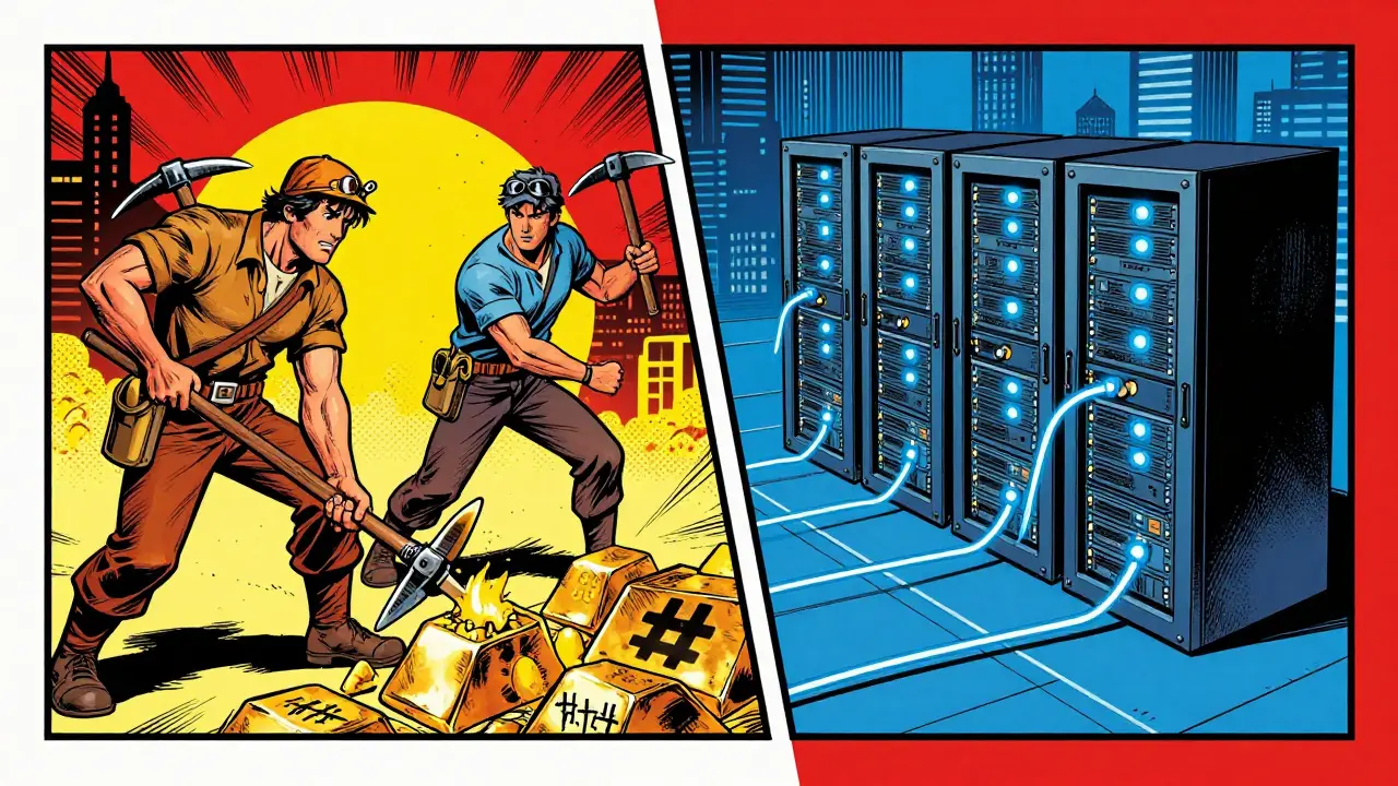 Pop art split scene showing miners on left and servers on right for two-tier network.
