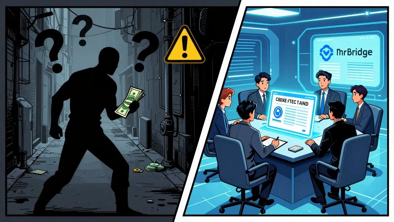 Pop art split view of P2P crypto trading vs official blockchain tech
