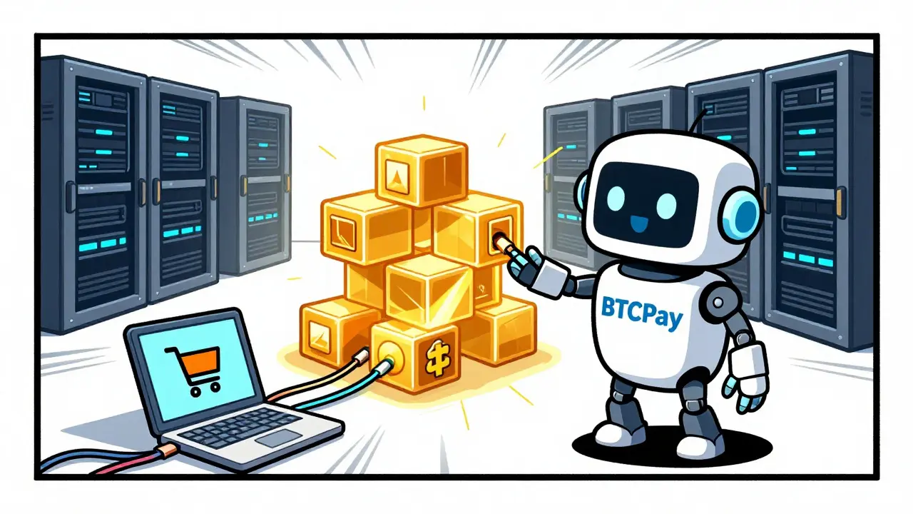 Robot assistant connecting website to blockchain in comic book art