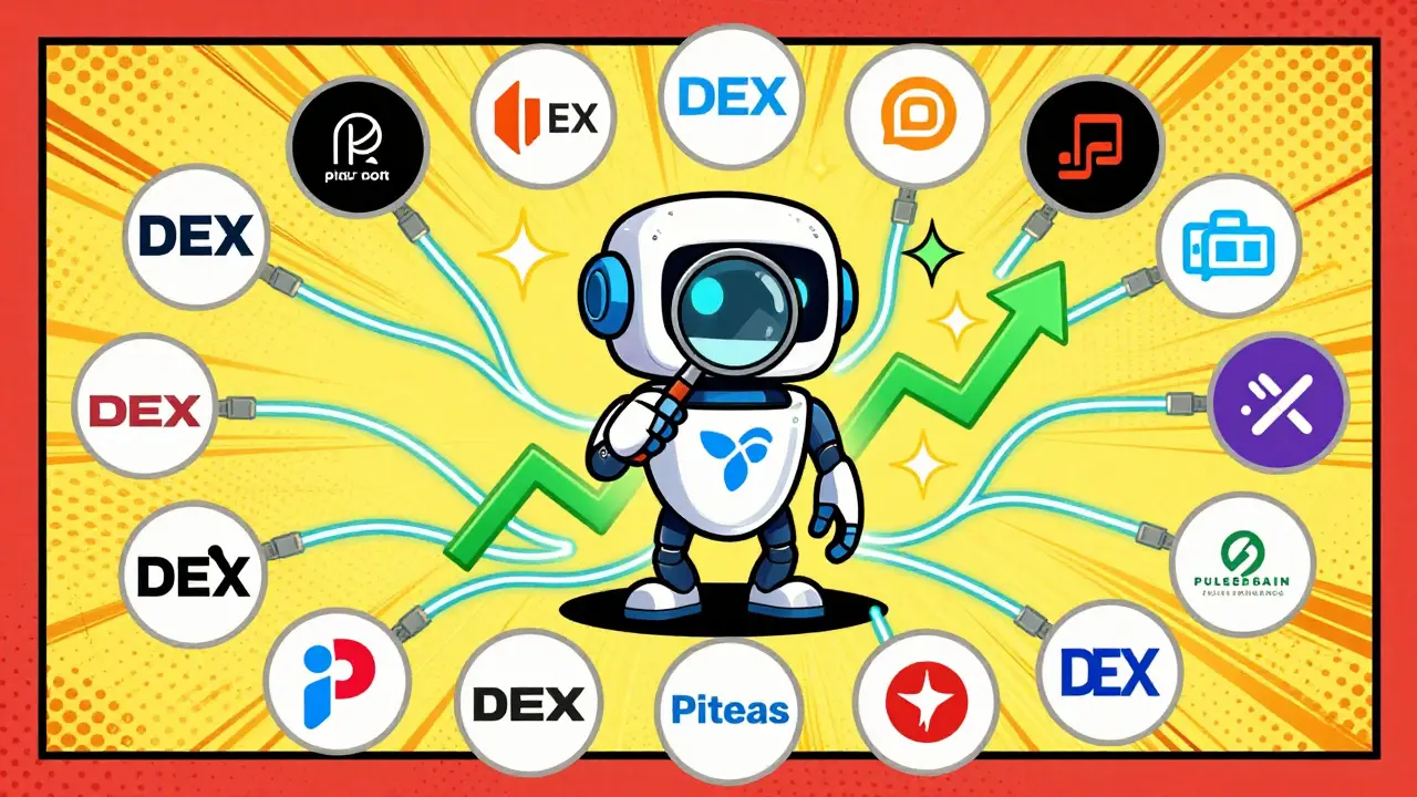 Smart router aggregating DEX liquidity in vibrant pop art comic style