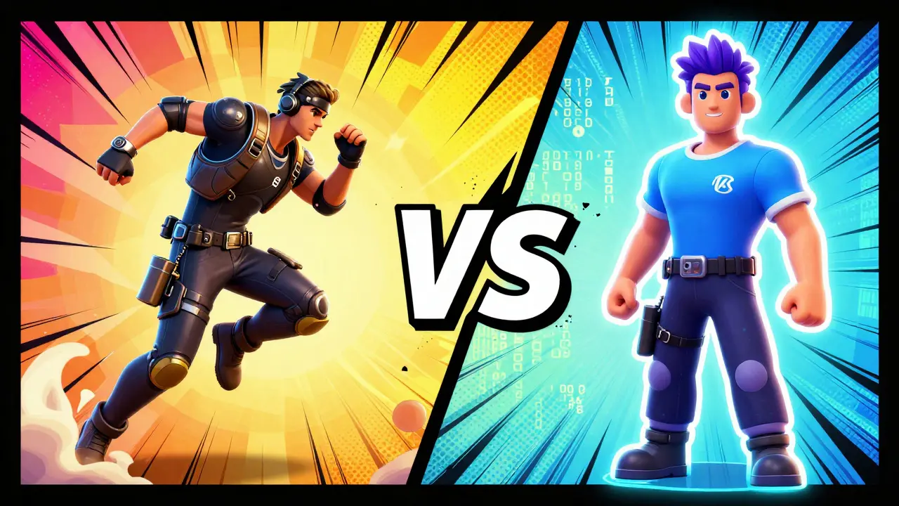 Split screen showing realistic game graphics vs NFT assets in comic style.