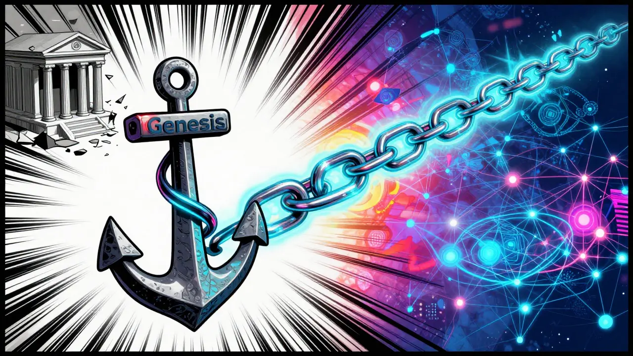 The Genesis block anchoring a glowing blockchain chain against a backdrop of changing finance.