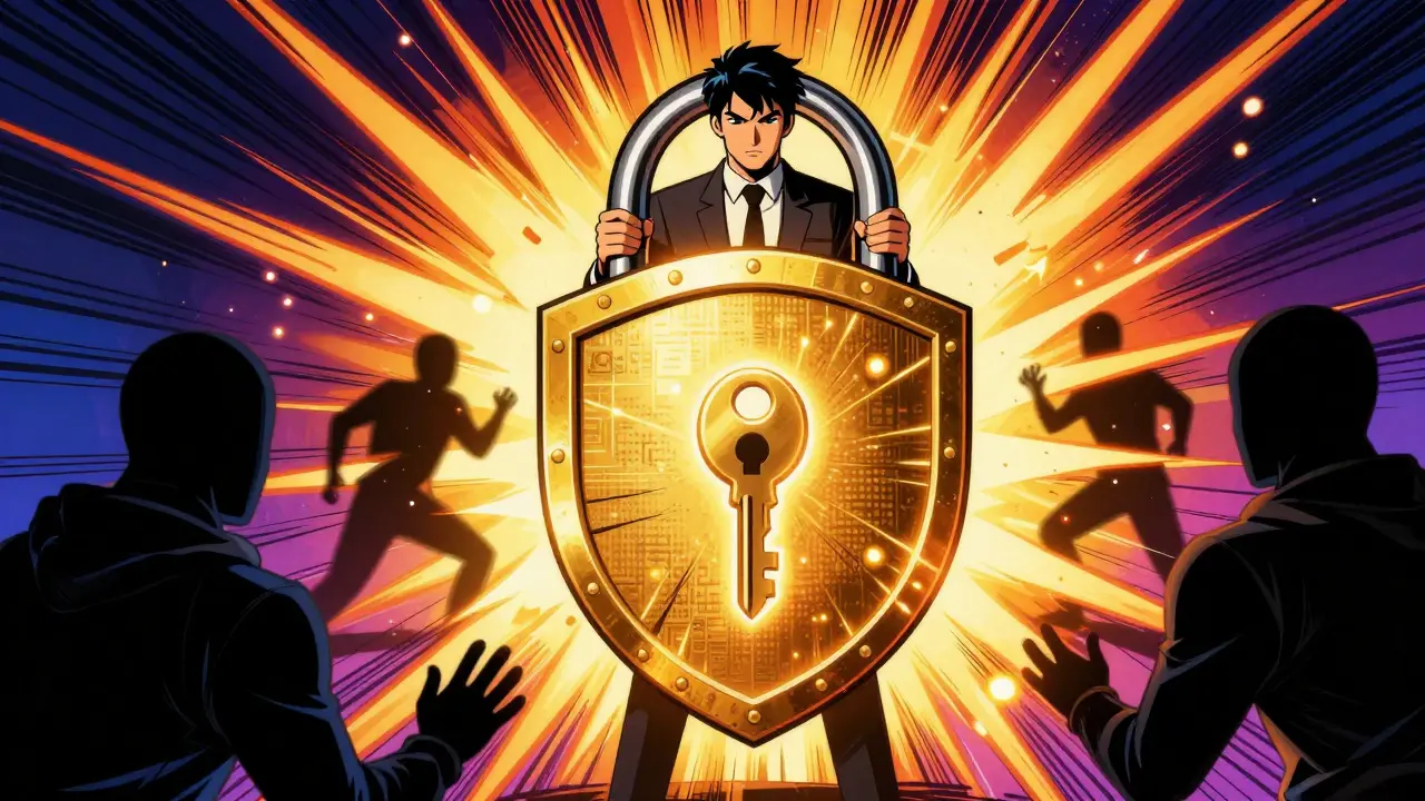 Trader protected by a glowing golden padlock shield against shadows