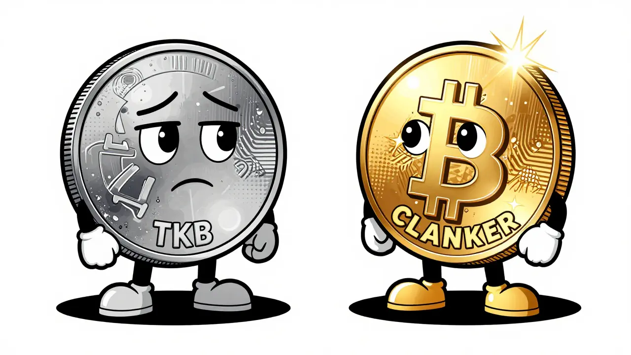 Two comic-style coins showing the difference between TKB and CLANKER