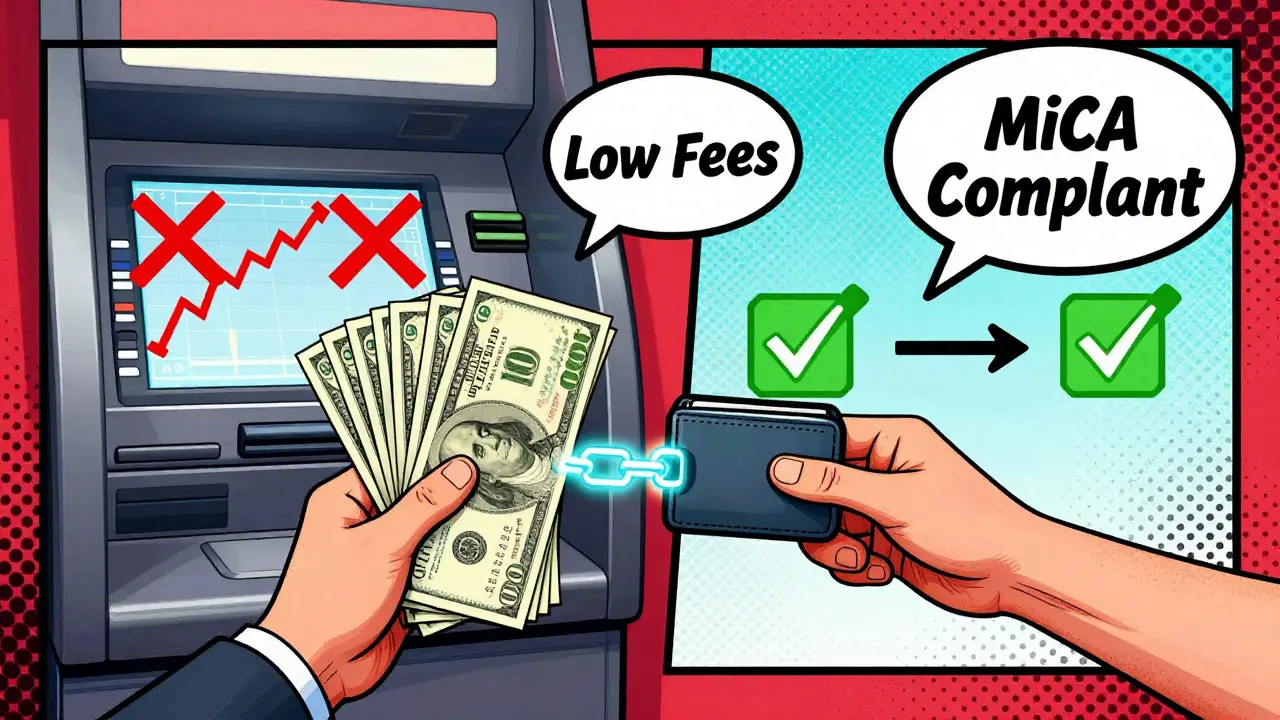 User withdrawing cash from ATM linked to crypto account