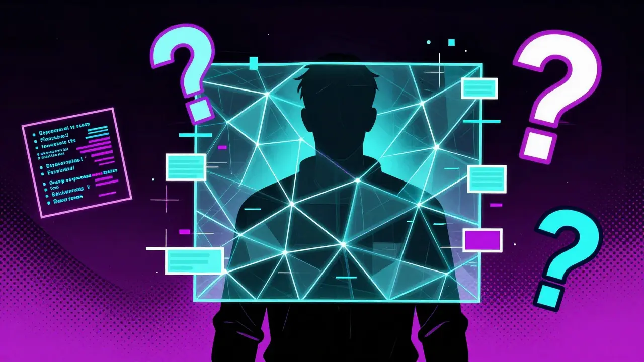 Anonymous developer silhouette behind glitching data grid