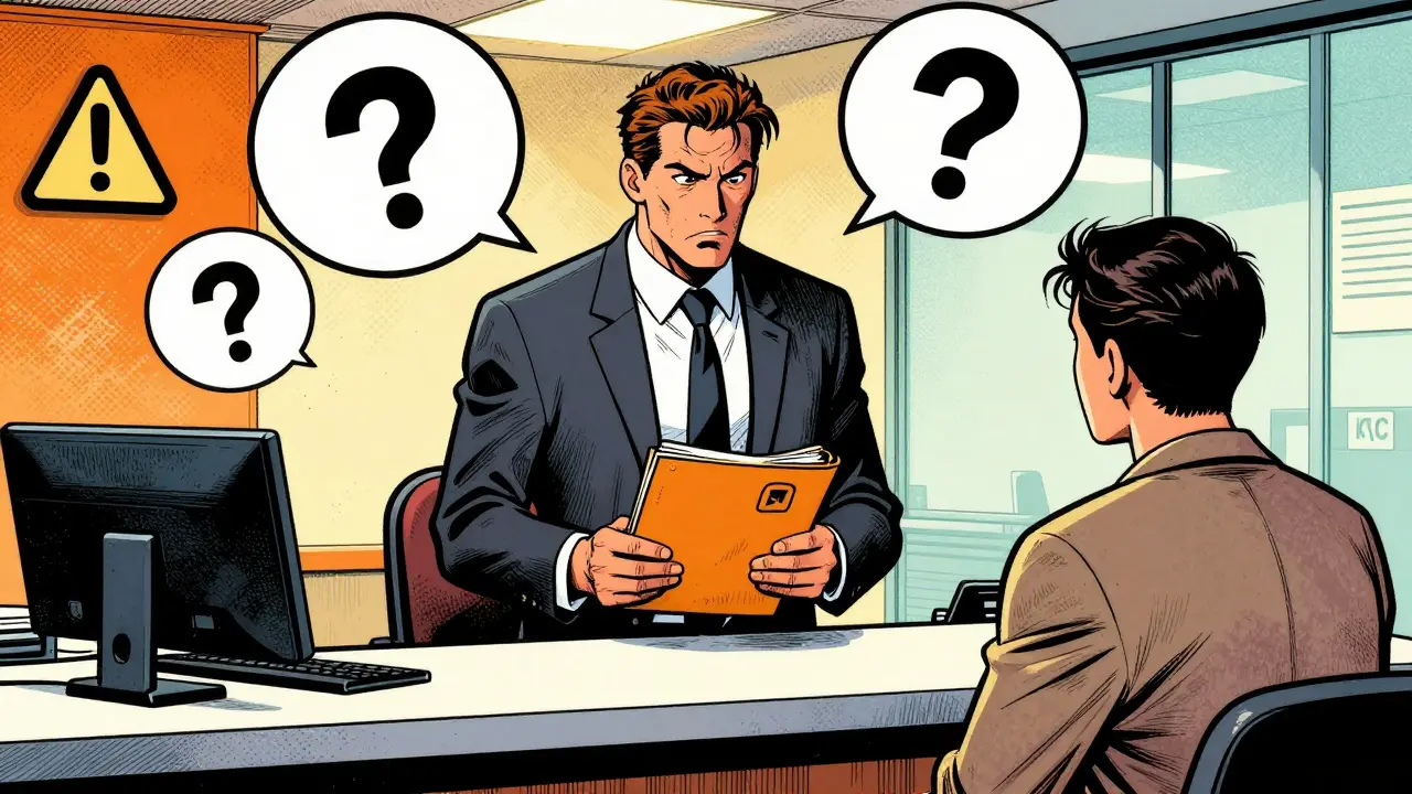Bank manager scrutinizing customer documents in office
