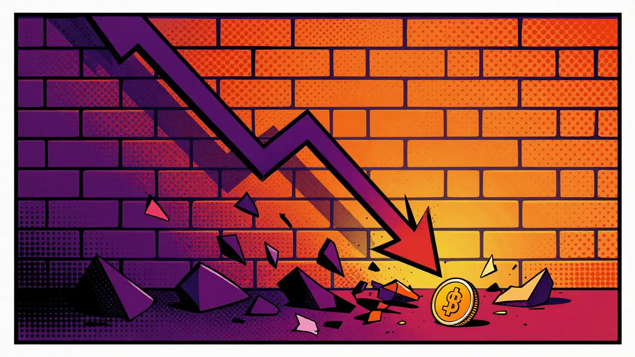 Comic art showing crashing stock chart breaking through wall