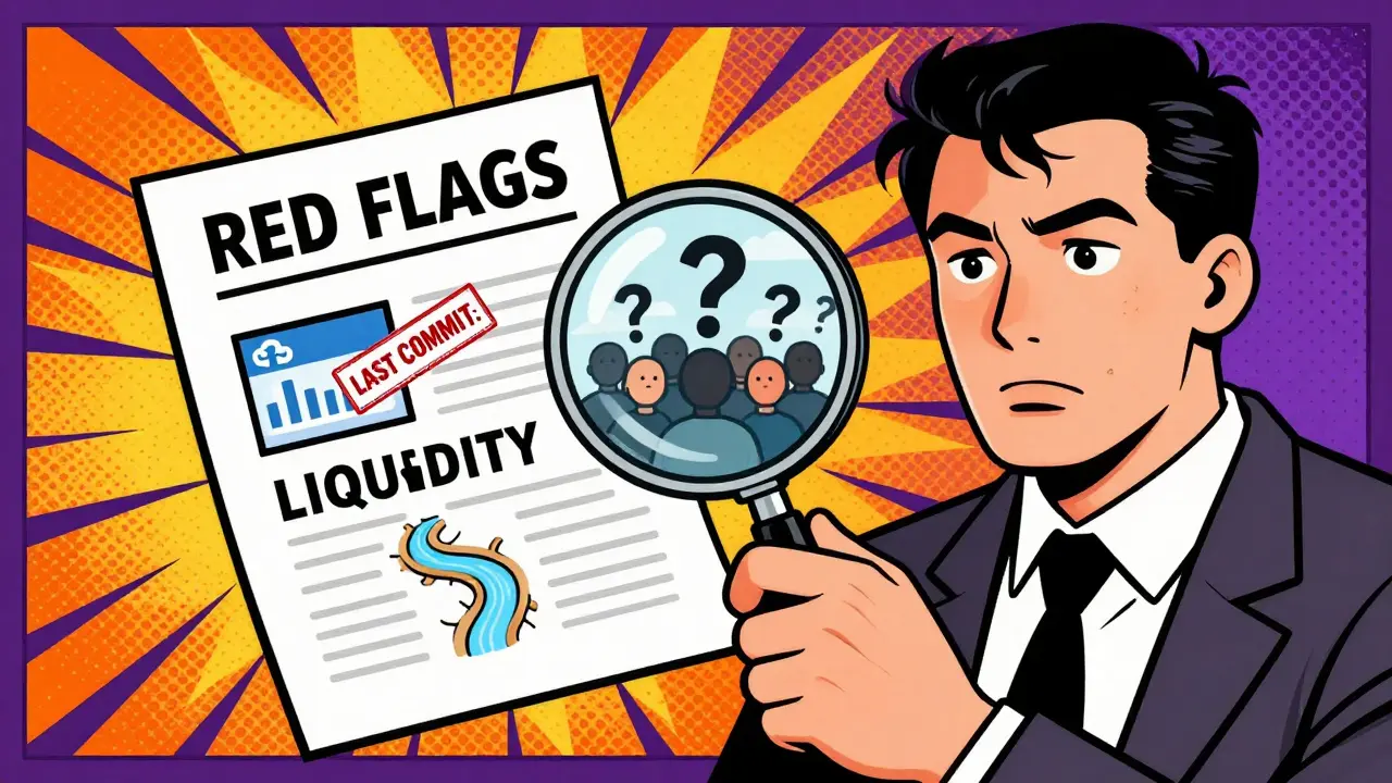 Comic detective inspecting red flags like low liquidity and no code