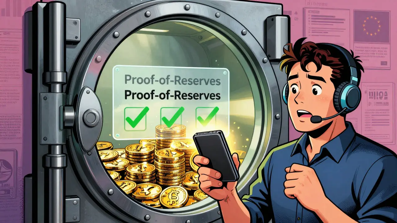 Comic illustration of a secure vault with crypto assets and a user holding a hardware wallet.