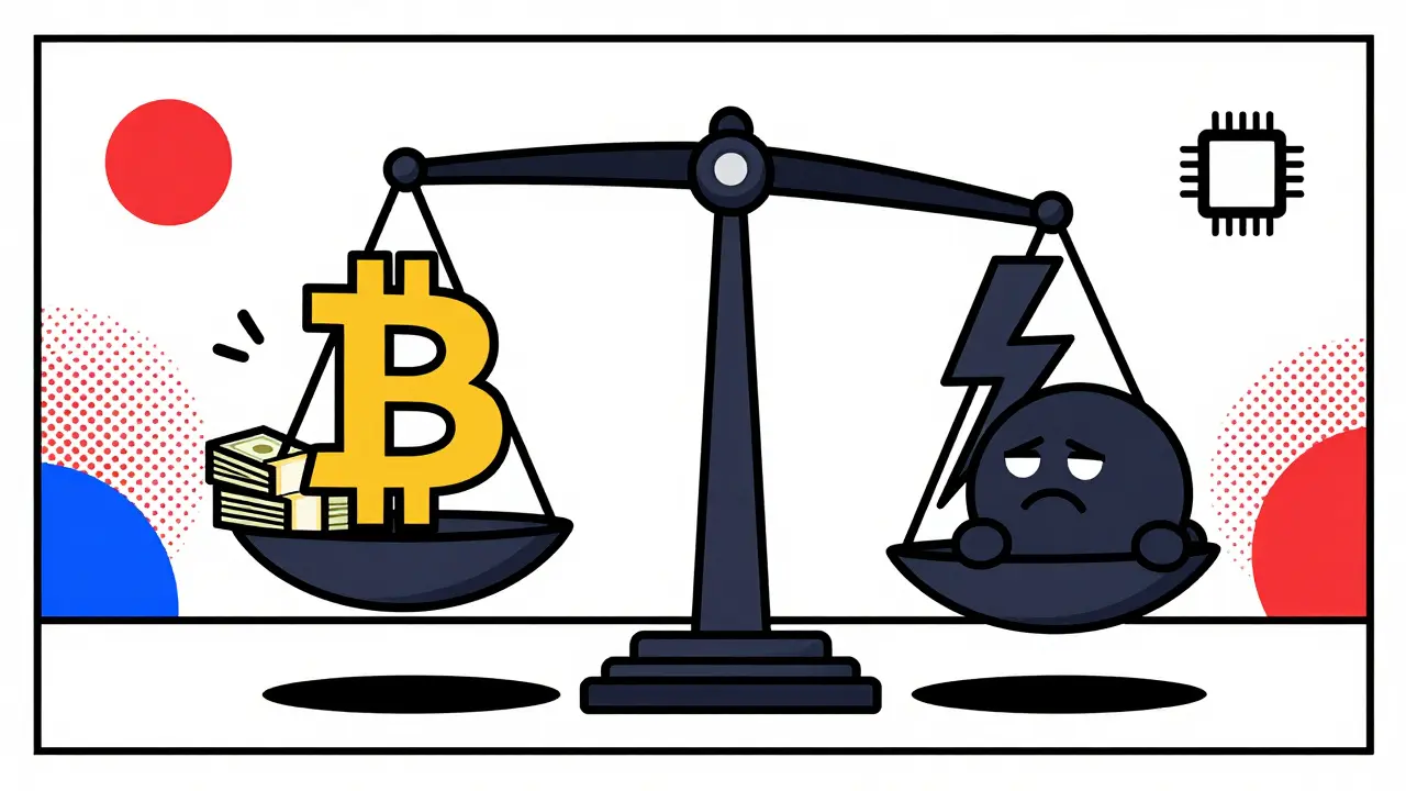 Comic illustration of mining profitability vs electricity costs.
