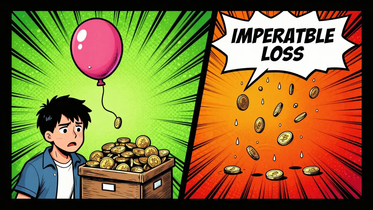 Comic panel showing impermanent loss shrinking a crypto portfolio